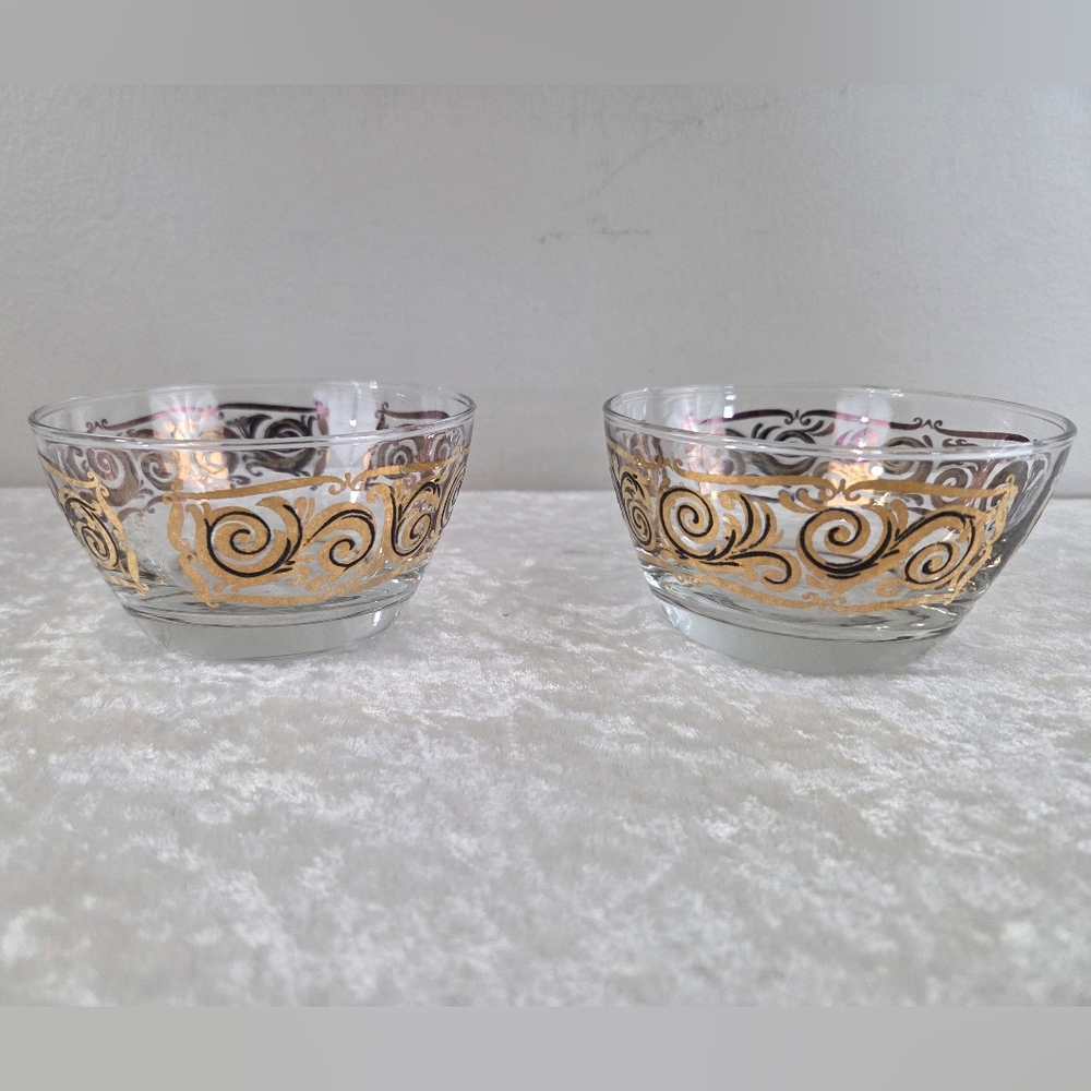 Culver Libby Gold Scroll Band Panels Nut Dessert Bowls Vtg Set Of 2 ~ Pre-Owned